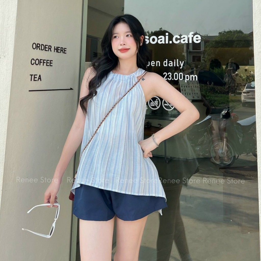 Set áo kẻ cổ yếm vạt bên kèm quần short cạp chun Renee Store - S686 | BigBuy360 - bigbuy360.vn