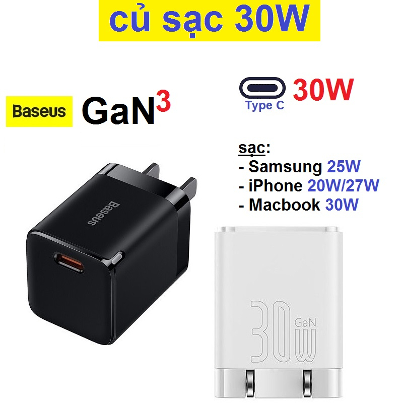 Củ sạc nhanh 30W Baseus gan3 Fast charger sạc cho macbook/Smartphone/tablet (GAN30CC) - An Store