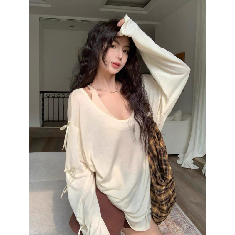 Áo Thun Tay Dài Oversize Đính Nơ Trơn