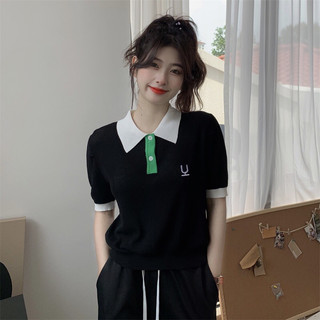 Áo len cổ bẻ áo len mongtoghi cổ nút thêu tay ngắn hàng Quảng Châu cao cấp co giãn tốt phù hợp đi học hay đi làm cổ nút