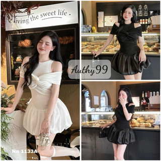 Váy hở vai xoắn ngực chân váy tacta ngắn xoè bồng