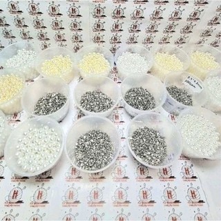 Bịch 50g 100g hạt châu hạt cườm hạt ngọc không lổ và 50g 100g chân chấu đóng hạt cườm hạt nhựa giả ngọc