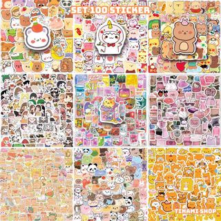 Bộ 100 Sticker mini chủ đề gấu thỏ thức ăn đồ uống nhiều màu sắc hình dán dùng trang trí decor