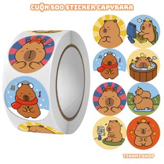 Cuộn 500 sticker Capybara dễ thương tem thankyou niêm phong hình chuột lang nước cute gói hàng