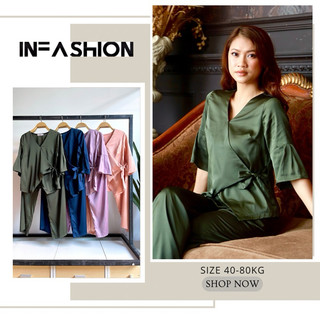 Bộ dài mặc nhà lụa satin co giãn tay lững cổ V Infashion