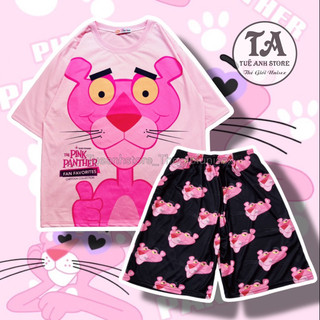  Bộ Đùi Báo Hồng Pink Panther cotton quần áo hoạt hình cartoon cute mặc nhóm đi biển Bộ mặc nhà form rộng Unisex nam nữ 