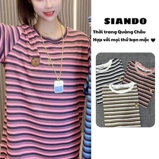 Áo thun sọc nam nữ unisex cổ tròn form rộng chất cotton đẹp hàng Quảng Châu SIANDO AT04