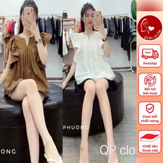 Bộ bầu mùa hè cánh tiên cổ V 2 màu nâu và trắng B66- Bộ đồ bầu
