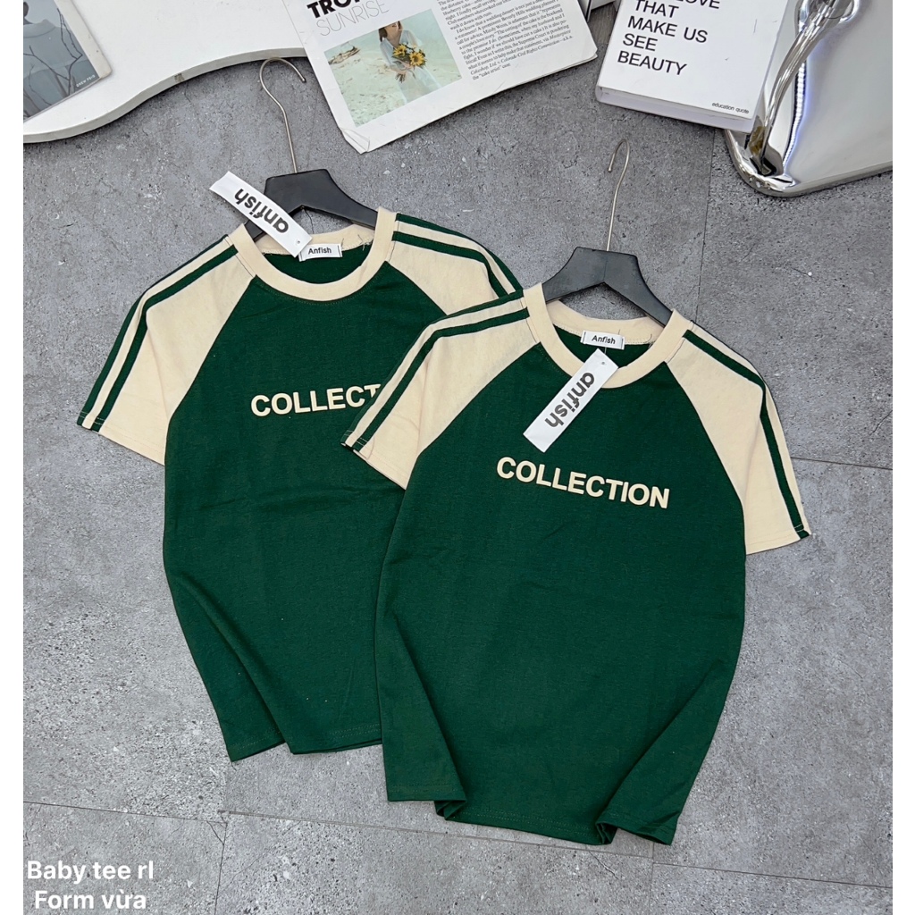 áo thun phông baby tee chất cotton khô 3158 form vừa 35-55kg, phối cổ tay vai, in chữ COLLECTION
