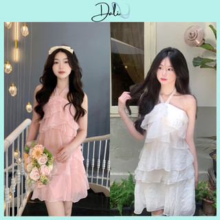 Đầm Cổ Yếm Nhiều Tầng Bánh Bèo Có Đệm Nguc Chất Liệu Tơ Nhăn, Váy Đi Biển Sang Chảnh