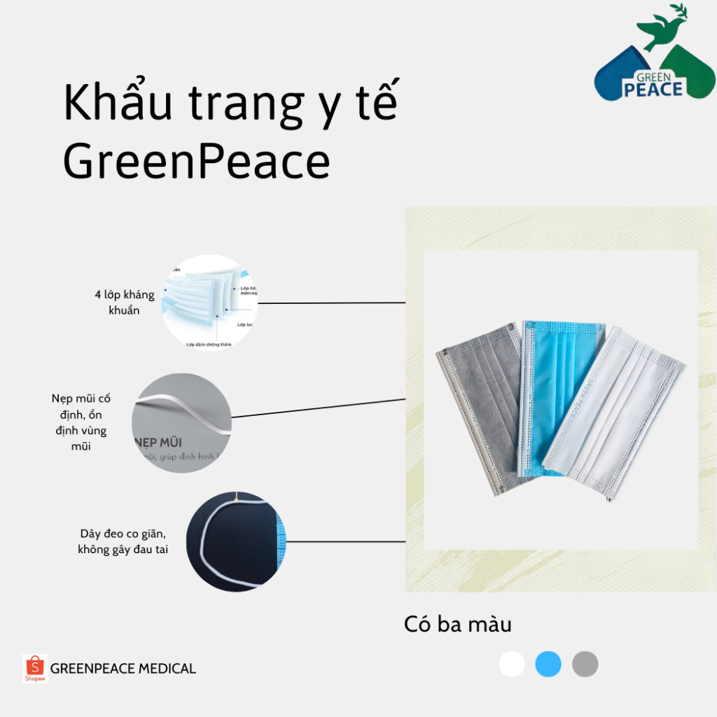 HỘP 50 CHIẾC KHẨU TRANG Y TẾ 4 LỚP GREENPEACE MASK CHÍNH HÃNG CAO CẤP ĐỦ 3 MÀU TRẮNG, XANH, XÁM DẬP VIỀN QUAI NGOÀI