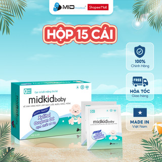 Gạc rơ lưỡi Midkidbaby đạt tiêu chuẩn iso 5 sao, hộp 15 gói ướt, giúp làm sạch răng, lưỡi, nướu và khoang miệng cho bé