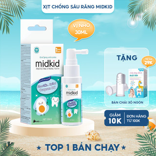 Xịt chống sâu răng Midkid cho bé từ 1 tuổi giúp làm sạch mảng bám ố vàng, bảo vệ men răng, vị nho ngọt 30ml nuốt an toàn