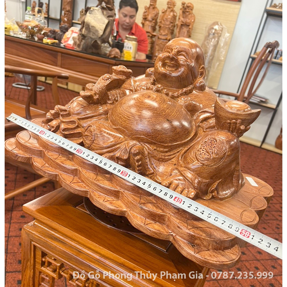 Tượng Phật Di Lặc Bưng Vàng Ngồi Đế Xiềng Gỗ Hương Đá 50x30x28
