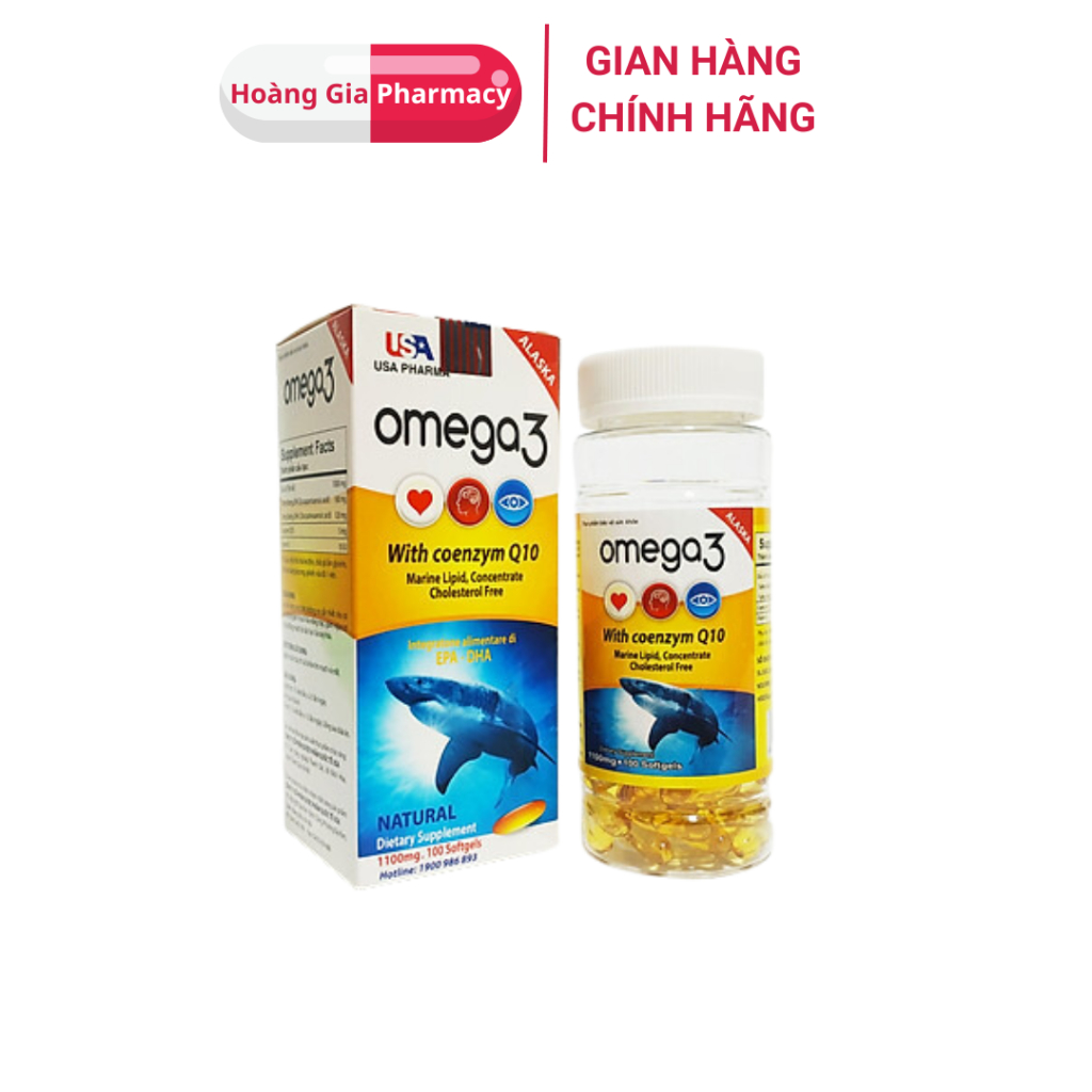 Viên uống dầu cá ALASKA omega 3 With coenzym Q10 USA Pharma (lọ 100 viên)