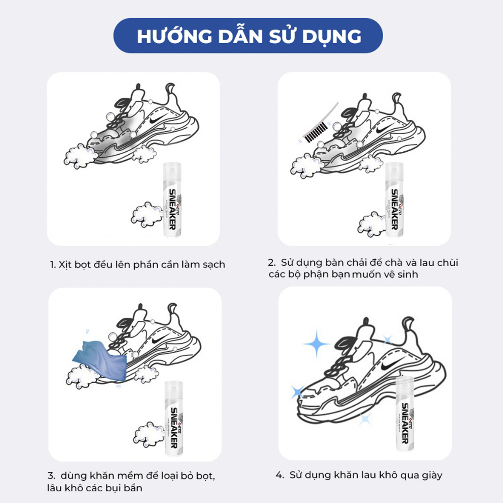 Combo 3 chai xịt tạo bọt vệ sinh giày Sneaker Geto, Combo chai xịt khử mùi giày cao cấp khử mùi hôi