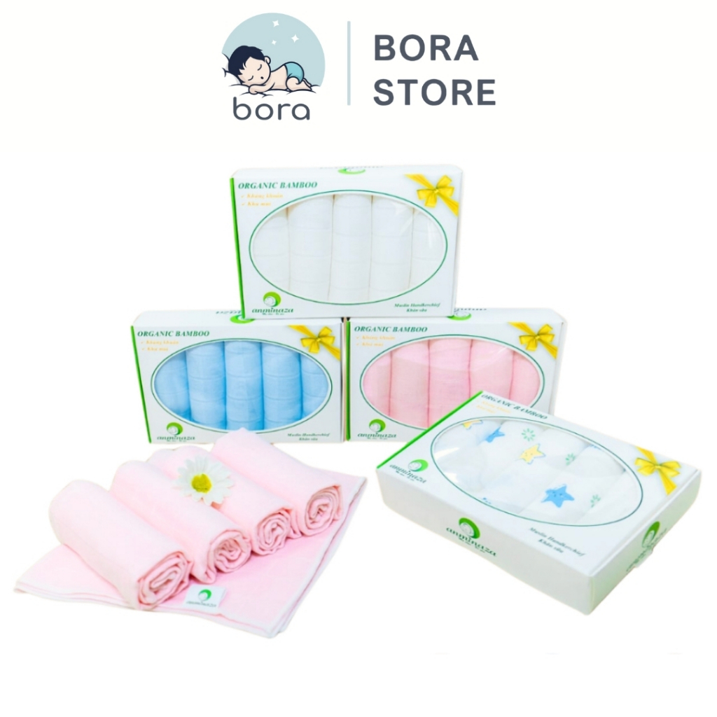 Khăn Sữa Sợi Tre Cao Cấp Kháng Khuẩn, Khử Mùi, Thấm Hút, Mềm Mịn 3 Lớp Anminaza [Hộp 5, 10 Khăn]