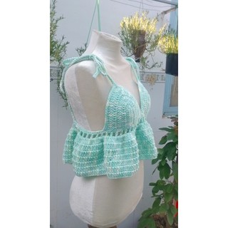 Áo croptop bèo nhún 2 dây bằng len - có lót mút