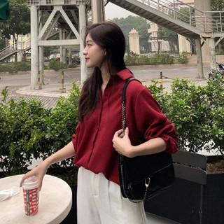 Áo Sơ Mi Tay Dài Nữ Dáng Đuôi Tôm Màu Đỏ Đô Vải Xốp Ô Vuông Form Rộng phong cách hàn quốc