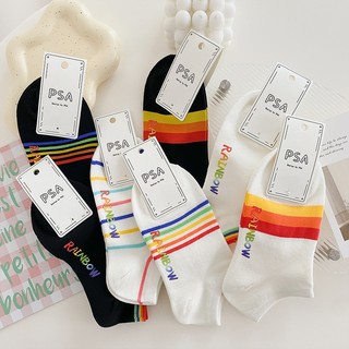 Vớ tất cổ ngắn dưới mắt cá trắng đen sọc màu cầu vồng Rainbow