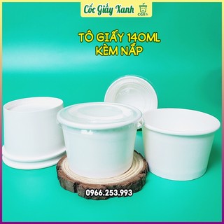  100 Tô Bát Giấy 140ml Trắng Trơn CÓ NẮP Dùng 1 Lần Đựng Kem Tàu Hũ Bánh Bông Lan 