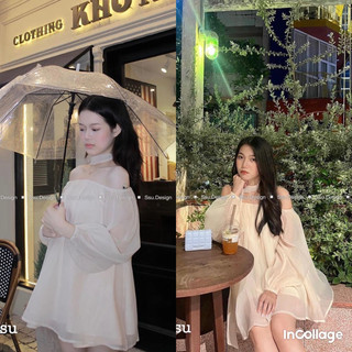 Đầm trễ vai tay bồng, đầm voan dài tay dáng xuông 2 màu đen kem, thiết kế trẻ trung, có kèm dây cổ SS19