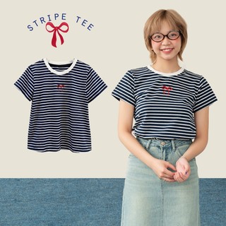 BLEUBIRD Áo phông cotton kẻ ngang thêu nơ Stripe Tee