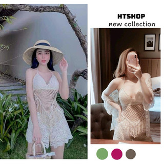 09-Bộ bikini kín đáo ,bộ bơi len móc đi biển 3 món gồm áo bra tam giác, quần sóc ren hoa, áo choàng mỏng tay lỡ QC