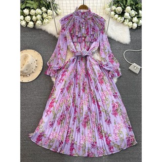 #4874 [Order] Đầm thời trang nữ Quảng Châu dài tay xếp ly hoa nhí kèm thắt lưng siêu xinh ngọt ngào freesize