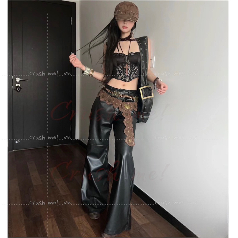 Crush me TL06 Thắt lưng da Pu trái tim nâu bò boho bohomian moroccan Âu mỹ thập niên 1980 Y2k Punk concho belt du mục