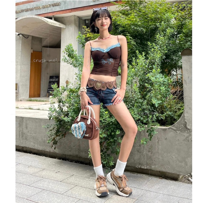 Crush me TL06 Thắt lưng da Pu trái tim nâu bò boho bohomian moroccan Âu mỹ thập niên 1980 Y2k Punk concho belt du mục