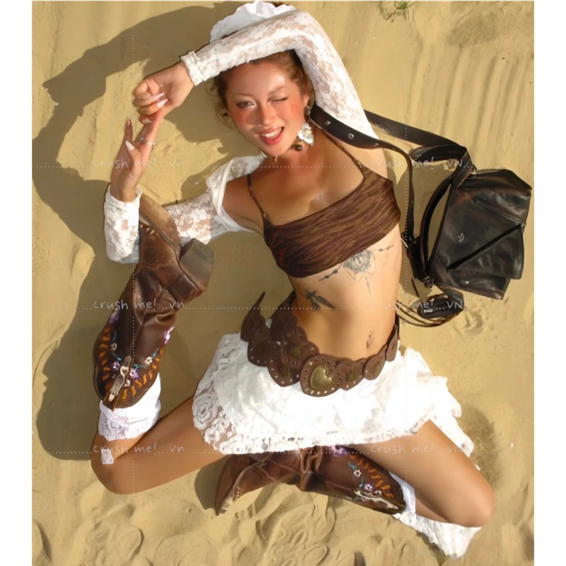 Crush me TL06 Thắt lưng da Pu trái tim nâu bò boho bohomian moroccan Âu mỹ thập niên 1980 Y2k Punk concho belt du mục