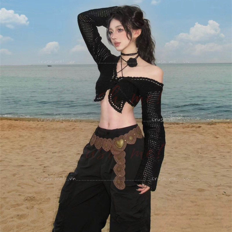 Crush me TL06 Thắt lưng da Pu trái tim nâu bò boho bohomian moroccan Âu mỹ thập niên 1980 Y2k Punk concho belt du mục