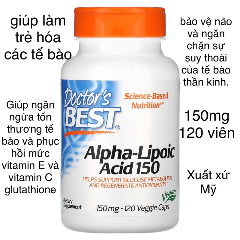 [MỸ] Viên Alpha-lipoic acid (ALA) 150mg, 120 viên Doctor’s Best làm trẻ hóa các tế bào phục hồi vita
