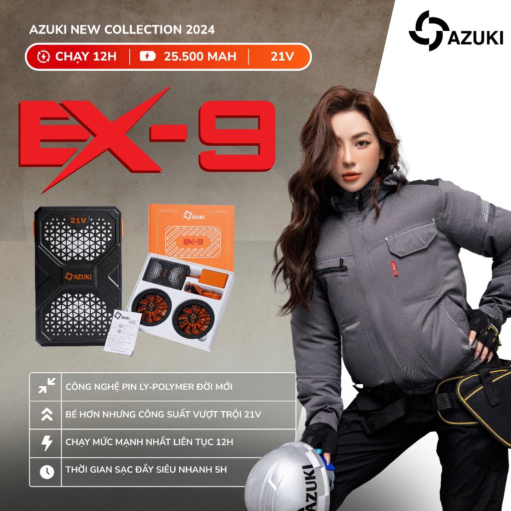 Áo điều hòa nữ gắn quạt AZUKI EX9 mới nhất 2025 pin 25.500mah, quạt 21V, chạy 12h đến 20h [ BH 12 th