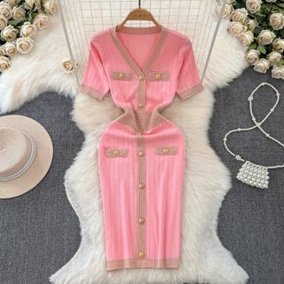 #4888 [Sẵn một số màu] Đầm thời trang nữ Quảng Châu váy chất len dệt dáng cổ V tôn dáng freesize siêu xinh lấp lánh