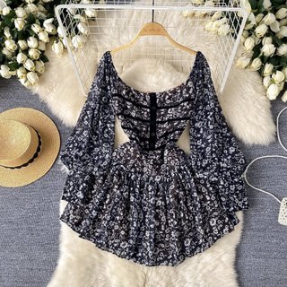 #4892 [Sẵn một số size] Đầm thời trang nữ Quảng Châu cổ vuông hoa nhí đen dáng váy chữ A siêu xinh ngọt ngào