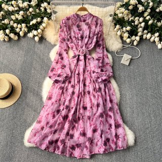 #4891 [Order] Đầm dài tay họa tiết kèm thắt lưng chất voan nhiều màu thời trang nữ Quảng Châu thanh lịch ngọt ngào