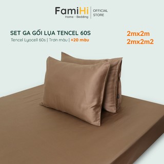 Bộ ga gối 3 món lụa Tencel 60S 2m 2m2 FamiHi Home Bedding trơn màu cao cấp, set ra giường bo chun, 2 vỏ gối 50x70cm.