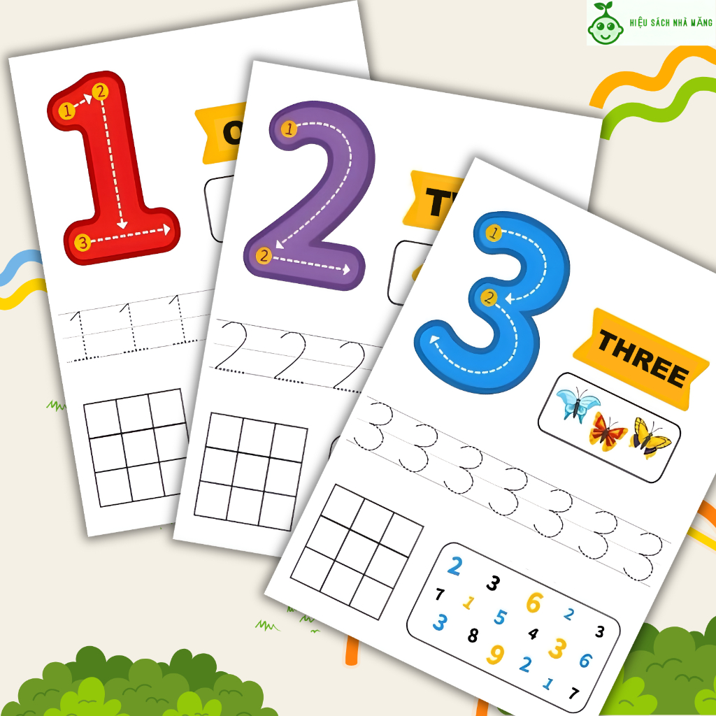 Tập viết số, nhận biết từ 1-9, học liệu tăng tư duy logic, gồm 9tờ được in màu trên giấy a4 thông dụng