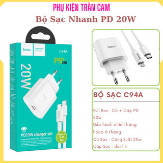 Bộ củ + cáp sạc nhanh hoco c94a pd 20w, chất liệu pc chống cháy, nhỏ gọn, sạc ổn định, full box bảo hành 6 tháng