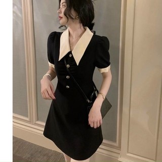 Đầm váy freesize đen cổ trắng nút trước