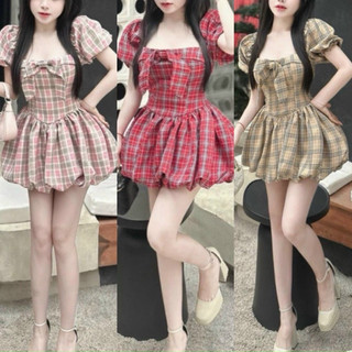 ĐẦM CỔ VUÔNG TAY PHỒNG ĐÍNH NƠ DÁNG NGẮN BÍ PHỒNG CARO