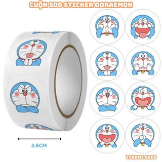 Cuộn 500 sticker cảm xúc Doraemon dễ thương tem thank you hình dán trang trí niêm phong gói hàng