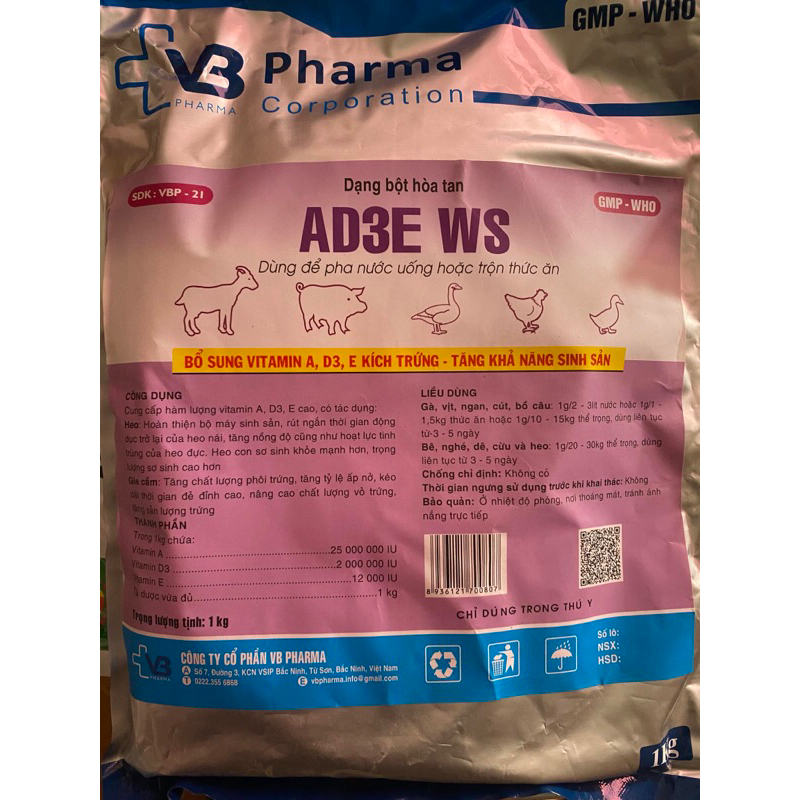 AD3E WS (1kg) bổ sung vitamin a,d,e đẻ nhiều, đẻ bền, đẻ sai, trứng đẹp cho vật nuôi