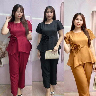 Sét Thiết Kế Bigsize Nữ (60-95kg) Quần Tây Áo Kiểu Đính Hoa To Che Khuyết Điểm Bụng Tốt,Áo Cổ Tròn Tay Phồng,Phom Peplum