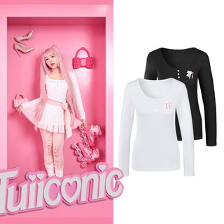 Quinquin Top - Áo Thun Ôm Body Tay Dài Cổ Vuông Hoạ Tiết Con Thỏ Thắt Nơ Lụa Màu Hồng TUI ICONIC