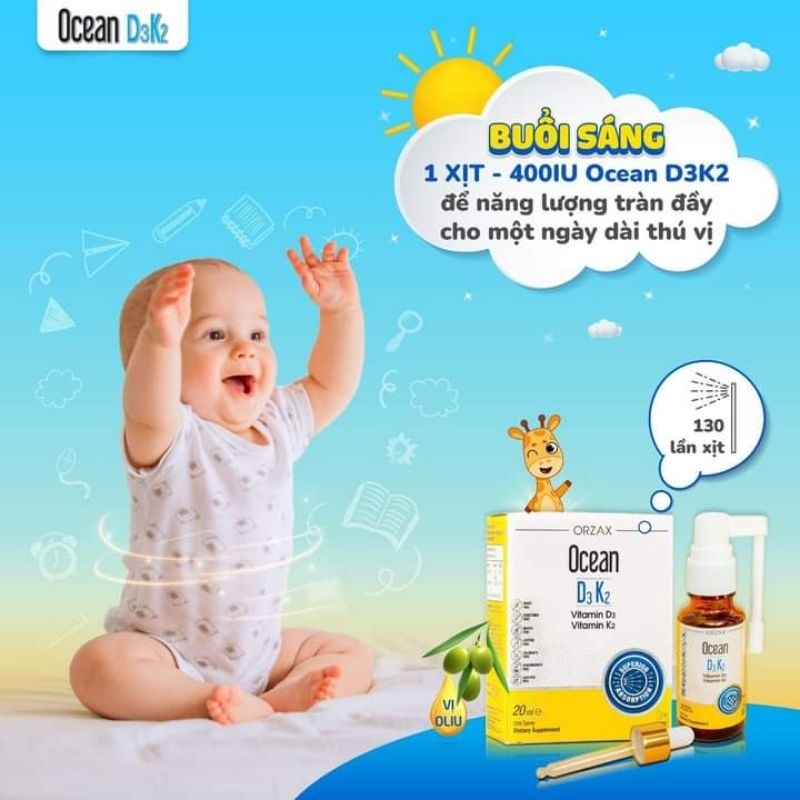 Ocean D3K2 Vitamin D3 K2 cho trẻ sơ sinh tăng hấp thu canxi , bé ăn ngủ ngon , chống còi xương, tăng cường hệ miễn dịch