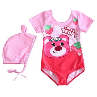 Đồ bơi cho bé gái hoạ tiết gấu dâu 8-20kg, bikini cho bé gái liền thân kèm mũ