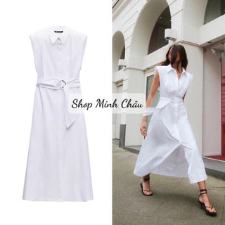 (Còn XS) Váy midi trắng tay hến cổ bẻ Zarraa, kèm beld